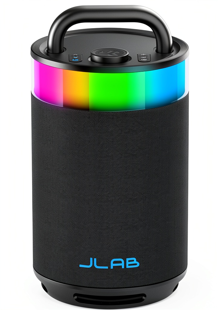 JLab Epic Party Speaker showcasing 360-degree sound and RGB lighting in a party setting