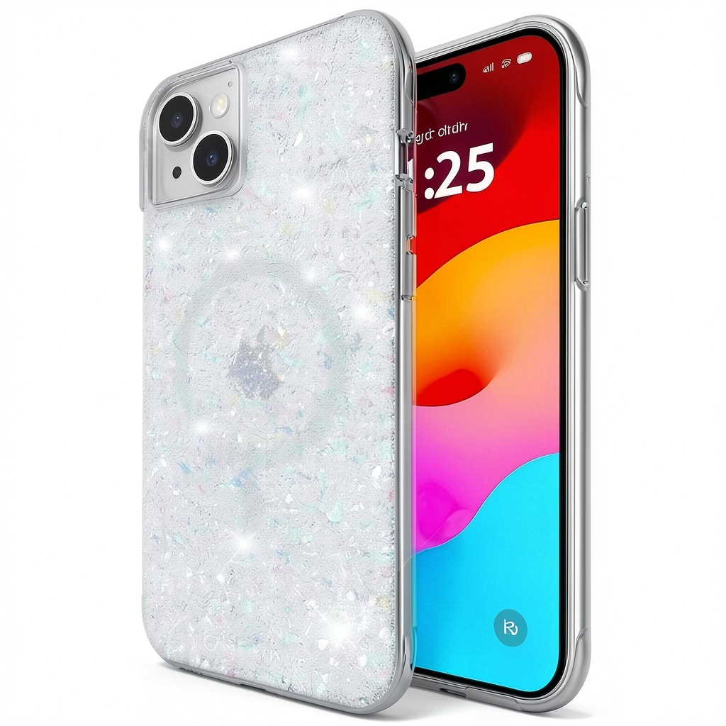 Installing Case-Mate iPhone 15 Plus Glitter Drop Protection on a wooden desk