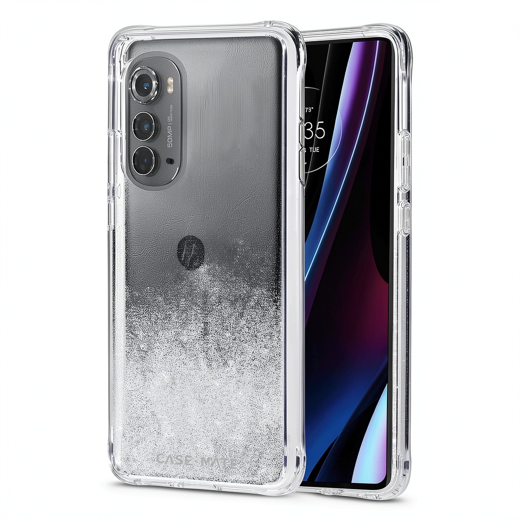 Installing Case Mate Stardust Case Motorola Edge 2022 Clear Sparkle on a wooden desk