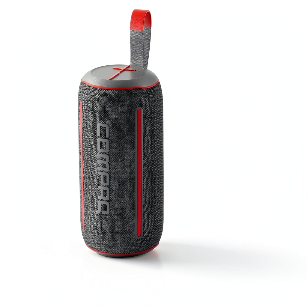 Compaq portable speaker in an outdoor setting with water splashes