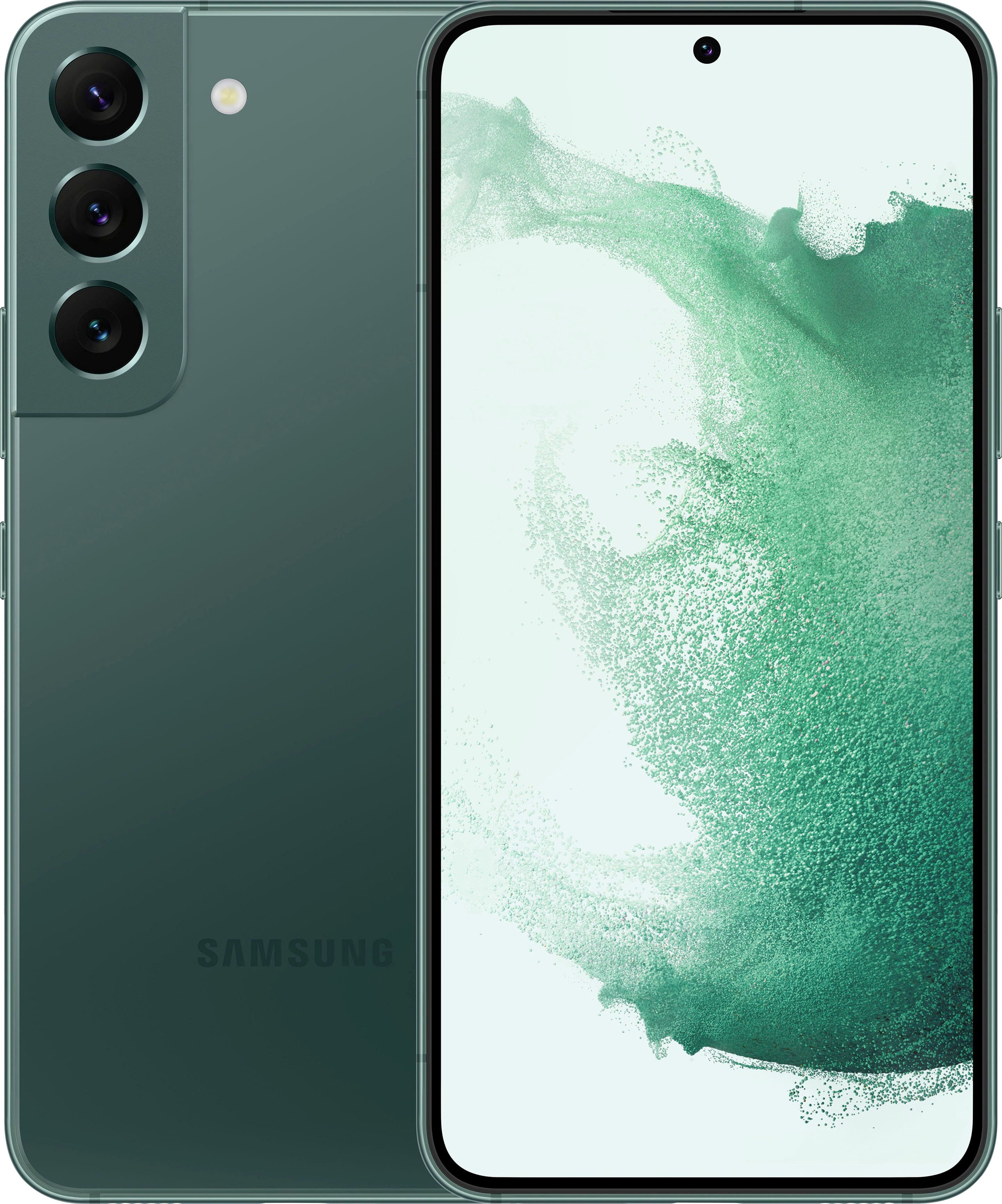 Unlocked Samsung Galaxy S22+ 5G in Green being set up on a kitchen counter