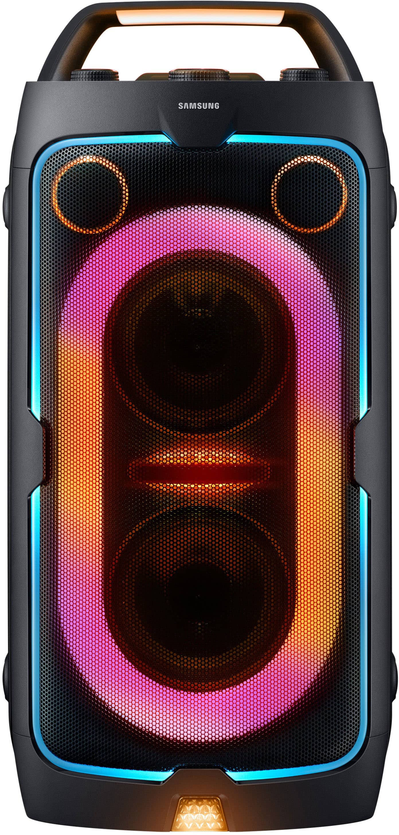 Samsung Sound Tower displaying party lights and controls in an outdoor setting